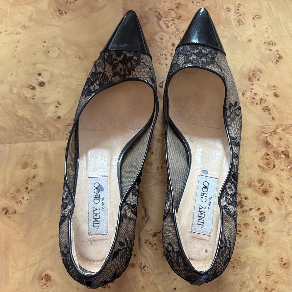 Jimmy Choo Black and Beige Lace Heels